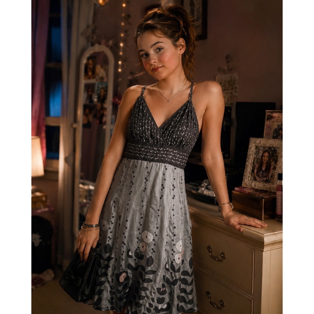 Y2K Ted Baker Grey Midi Floral Slip Dress with Pink Accents garden